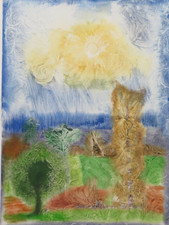 PAESAGGIO DI CAMPAGNA QUADRO DIPINTO AD ACQUERELLO TECNICA DEL GELO VINTAGE P35