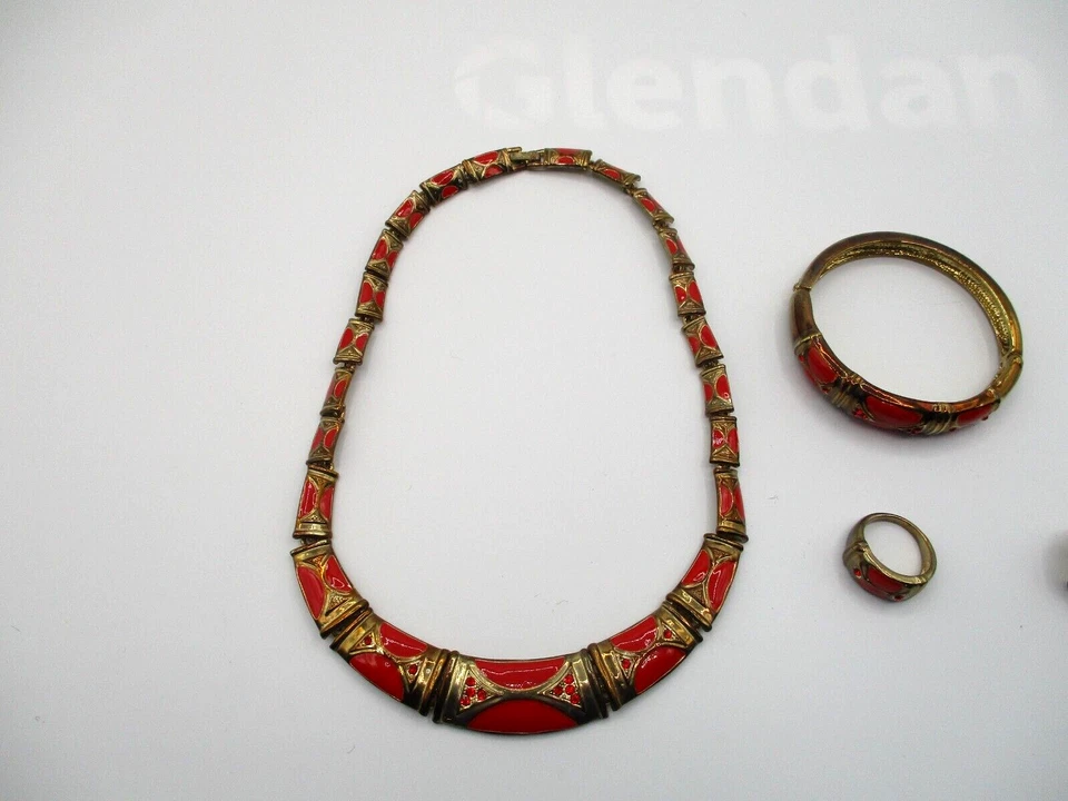 DE COLECCIÓN ESMALTE ROJO RENACIMIENTO EGIPCIO GARGANTILLA COLLAR PULSERA PENDIENTES ANILLO PARURE Foto 2 de 4