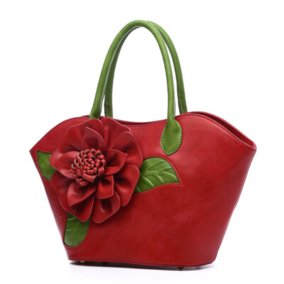 Women 3D Flower Faux Leather Handbag Retro National Style Shoulder