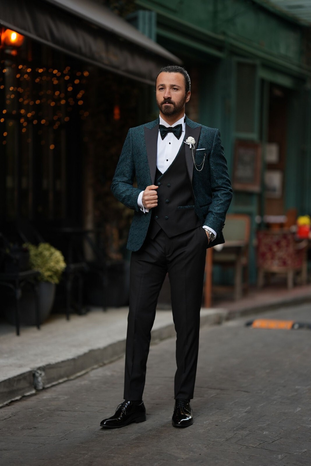 PAREZ Premium Mens Tuxedo Italian Style slim Fit Jacket Vest Pants Bow