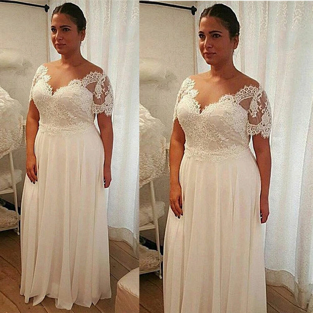 Plus Size Short Sleeves Wedding Dresses V Neck Chiffon Lace A Line