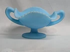 Fenton Blue Milk Glass Pedestal Ruffled Handled Compote Vintage Sticker