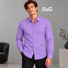 Dolce & Gabbana Gold Mens Purple Striped Stretch Shirt 44 Made in Italy DG Logo