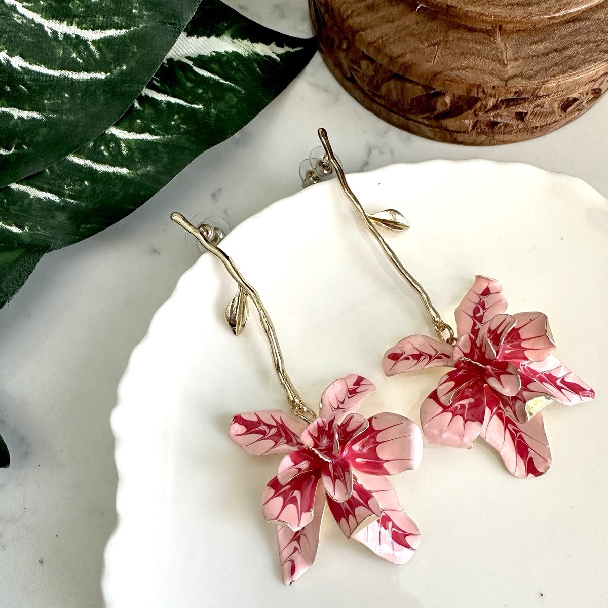 Pink Red Flower Stem Earrings Zara Statement Jumbo Garden Floral