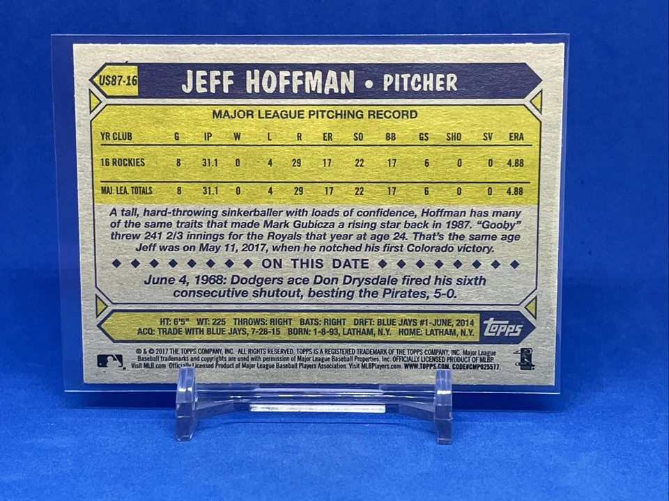 2017 Topps Update '87 Topps Jeff Hoffman RC US87-16 Colorado Rockies - Image 2 of 2