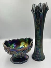 Vintage Fenton Amethyst Carnival Footed Compote & Funeral Size Ribbed Swung Vase