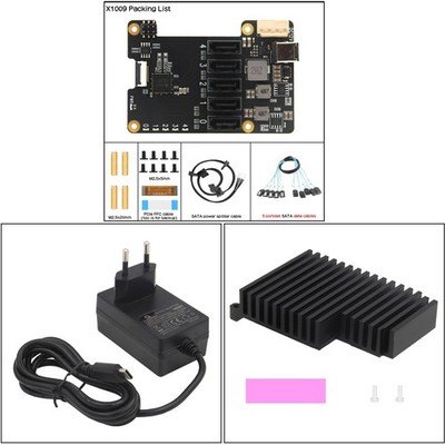 Geekworm X1009 PCIe to 5-Port SATA Expansion Board + Heatsink + DC 12V Adapter