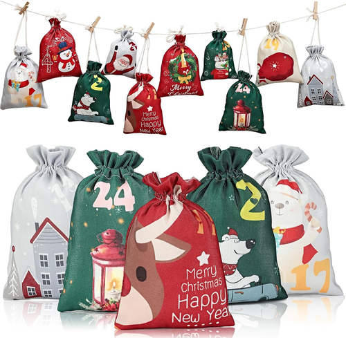 24 Pezzi Calendario Dell'Avvento Fai Da Te - Sacchetti In Carta Kraft 70g/m², 13x8x24 Cm, Con Adesivi Natalizi, Clip In Legno E Corda Di Canapa - 2