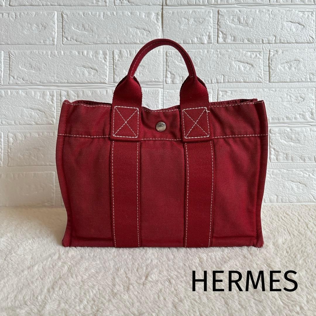 HERMES Fourre Tout PM Canvas Tote Bag Red White Stitching Mini Handbag Authentic