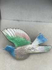 Antique Vintage 925 Sterling Silver Enamel Bird Brooch Colourful 