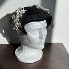 VTG 1950s Black Fascinator Hat with Veil & Floral Trim Mid-Century Millinery