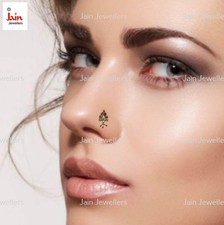 Ethnic 14Kt Real Yellow Gold Stud Nose Ear Pin Piercing Ring Clear 20 Gauge CZ