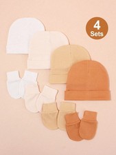 Newborn Baby Beanie Hat  No-Scratch Mittens Set 4-Pack Ribbed Earth Tones 0-3M