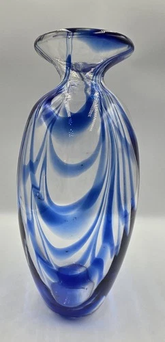 Blenko Art Glass Vase Signed Richard Blenko Cobalt Blue Swirl Hand Blown 10.5in