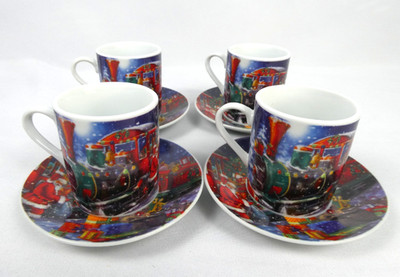 Christmas Train & Santa Espresso Cups & Saucers Alpine Cuisine Set 4 Porcelain