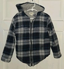 HATLEY navy Blue Gray Plaid Cotton Flannel Hoodie Lined Shacket Jacket. Youth 6