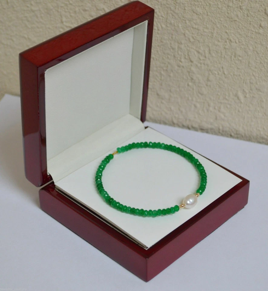 Natural Faceted Green Emerald South Sea Pearl 14K Yellow Gold Bangle Bracelet - Image 3 of 4