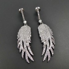 Shiny Silver Rhodium Plated CZ Cubic Zirconia Pave Angel Wing Feather Earrings