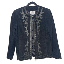 Vntg Linea Louis Dell'olio Suede & Leather Black Embellished Jacket Coat Sz Xs