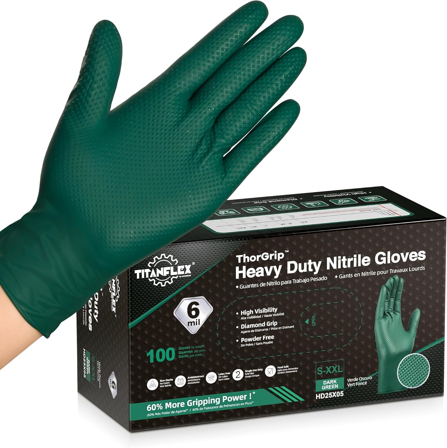 Heavy Duty Nitrile Gloves, 6 Mil Dark Green Raised Diamond Texture, Mechanic Dis