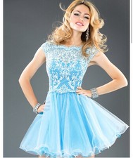 Jovani Dress Size 4 Blue White Lace Tulle Open Back Homecoming 79047A SOLD OUT