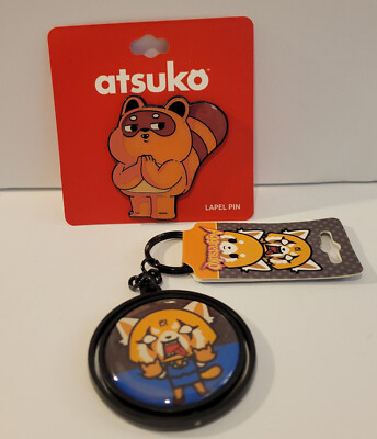 Aggretsuko Spinning Metal Keychain Sanrio Atsuko Racoon Lapel Pin NEW