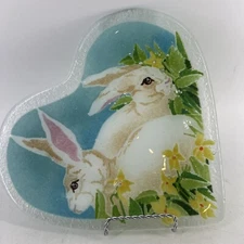Peggy Karr Fused Art Glass Spring Easter Bunny Bunnies Rabbit 10 in Plate Large
