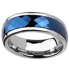 Ebay Wedding Ring Men Silver Rimmed Blue Diamond Faceted High Polished Domed Top