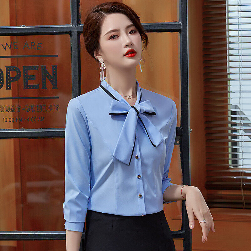 Korean Style Ladies Blue Bow Blouse Office Uniform Women Top Slim Business  Shirt | eBay