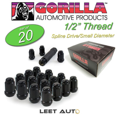 (20) Gorilla Small Diameter Lug Nuts, 1/2'' Thread, Black, Spline, K5CS-00012BGR