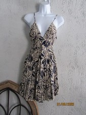 Angie nwt sz L rayon gauze sun dress tan black tropical print adjustable straps