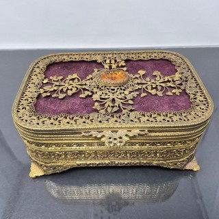 Vintage Victorian Revival Gold Toned Filligree Style Jewelry Casket Box