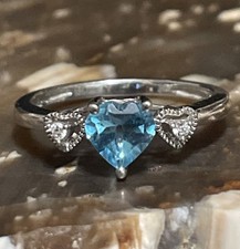 Sterling Silver Blue Topaz December Birthstone CZ Heart Ring Size 7