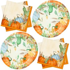 10in Thanksgiving Paper Plates Napkins Set Disposable Fall Party Dinnerware S...