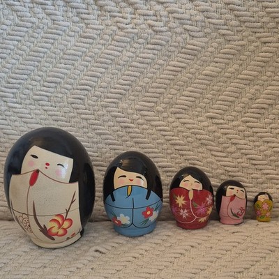 Japanese Kokeshi-Style Nesting Doll Set, Hand-Painted, Assorted Colors