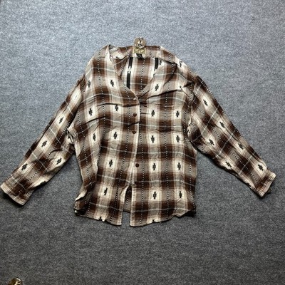 Vintage EXP Jeans Shirt Women's Brown Plaid Rayon Tribal Southwestern - Large
