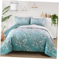 Aninbedding Floral Queen Quilt Set,3 Piece Gradient Flower Queen 96"x90" Aqua