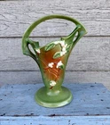 Vintage MCM 1947 Roseville Pottery Green Snowberry Basket Vase 1BK-10” Tiny Chip