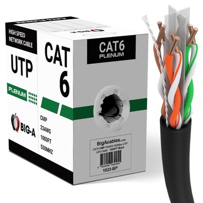Cat6 Plenum Ethernet Cable 1000ft CMP 23AWG 550MHz Solid 10 Gigabit Network Wire