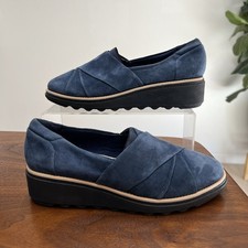 Clarks Sharon Form 6M Women Suede Platform Loafer Navy Blue Ortho Cushion