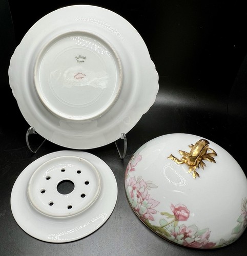 Haviland France Porcelain Covered Butter Cheese Dish Purple Flowers 3 Piece RARE - Picture 4 of 9