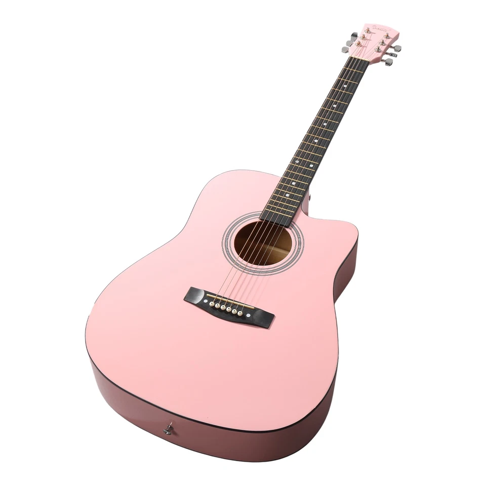 Pink 41 inch Dreadnought Barrel-shaped Cutaway Acoustic Guitar with Pick Strings - Image 4 of 4