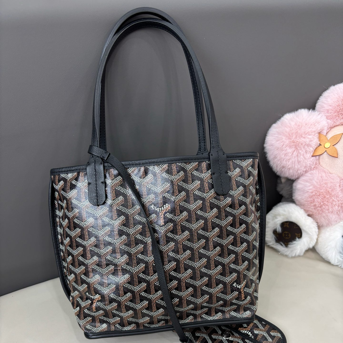 Goyard Anjou Tote Mini Top Handle Shoulder Bag Black Silver Women
