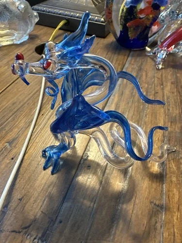 Vintage Murano Style Hand Blown Glass Dragon Figurine Blue & Clear w/ Red Eyes