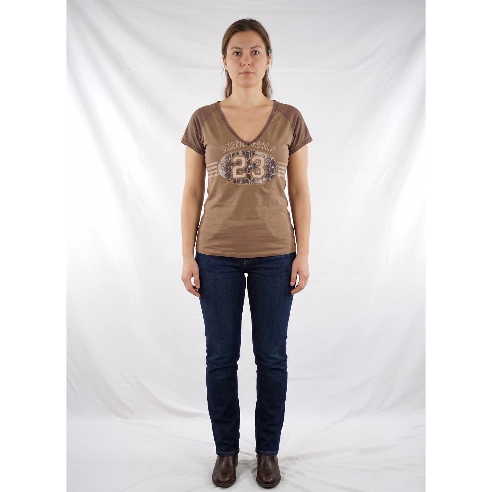 Rinascimento Maglia T-shirt Da Donna S M In Marrone Manica Corta A V Maglietta