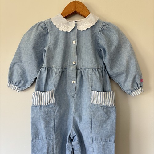 Vintage Oshkosh Denim Bubble Jumpsuit Romper 4T Peterpan Collar Pockets USA 90s - Picture 3 of 24