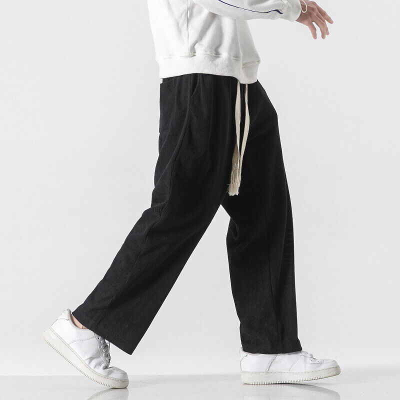 Men Chinese Kung Fu Corduroy Pants Training Wushu Straight Trousers Lace Up Long