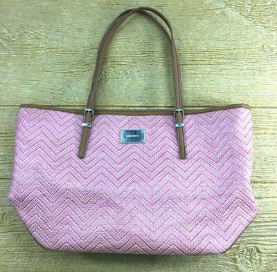 Nine West Womens Tote Purse Woven Pink Brown Weave Large Bag Zigzag Pattern
