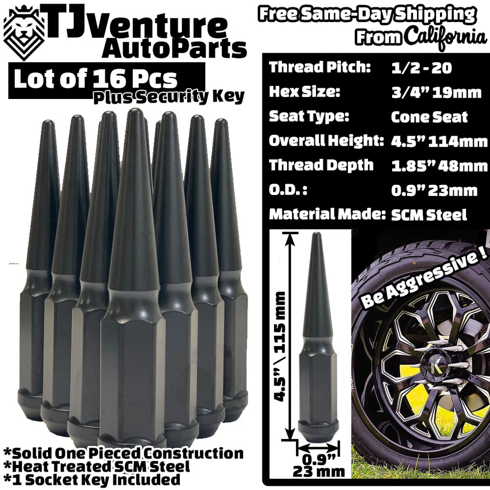 Tuerca de clavo sólido 16 piezas negra 4,5" de alto 1/2-20 + ajuste de llave Ford Mustang vintage Foto 2 de 3