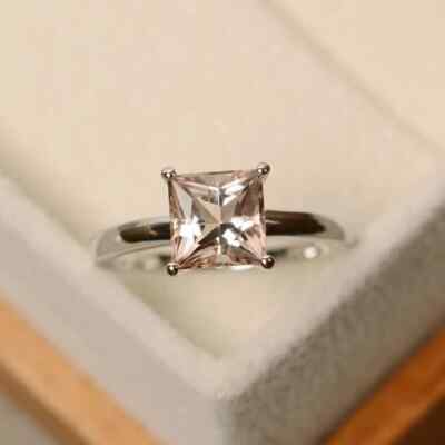 1.52 Ct Princess Natural Morganite Solitaire Wedding Ring 14K Solid White Gold